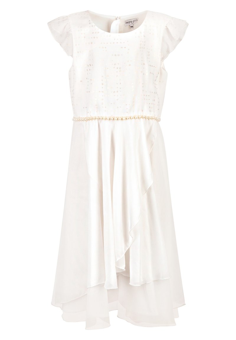 Bílé šaty s krátkými rukávy, zdobeným živůtkem s jemnými vzory, splývavou sukní s asymetrickým lemem a páskem s korálky.