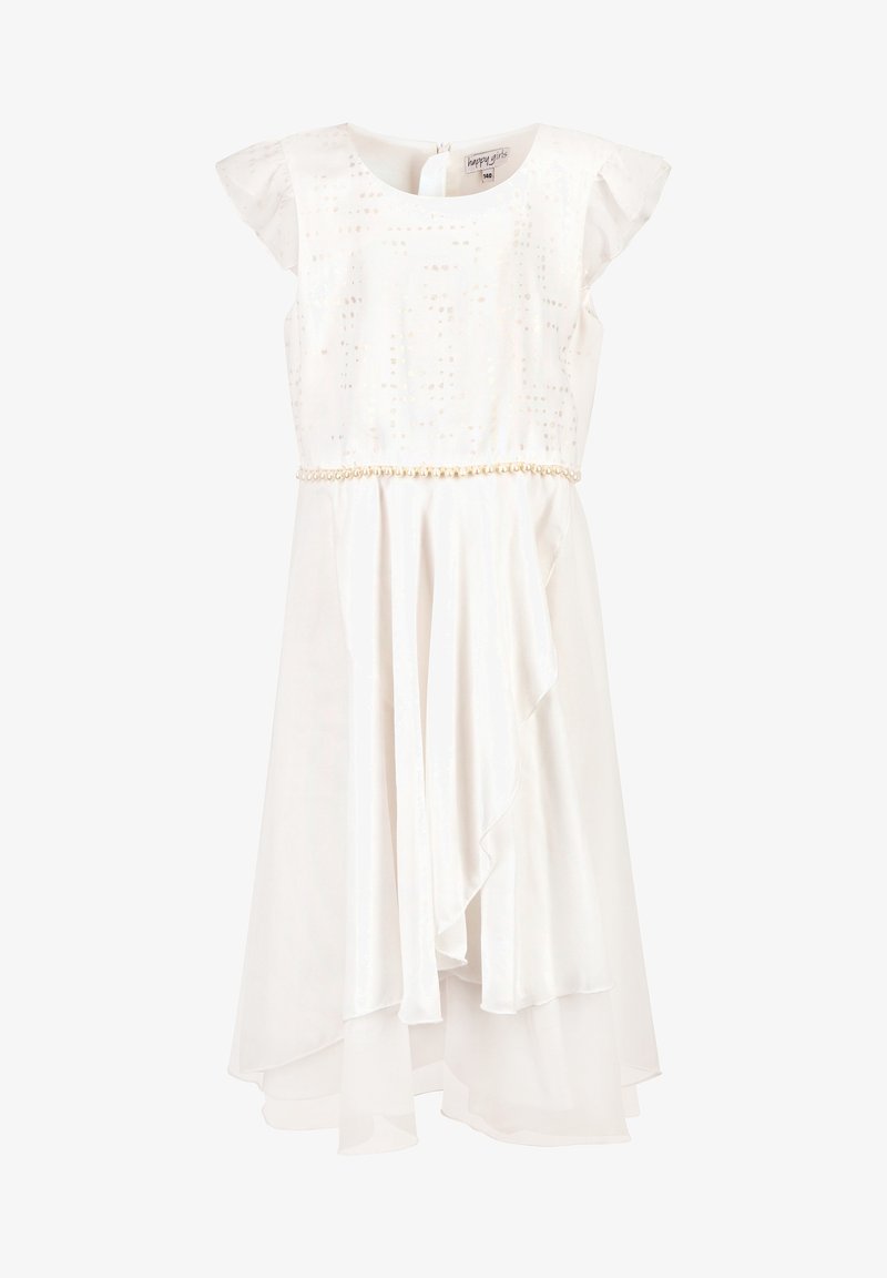 Bílé šaty s krátkými rukávy, zdobeným živůtkem s jemnými vzory, splývavou sukní s asymetrickým lemem a páskem s korálky.