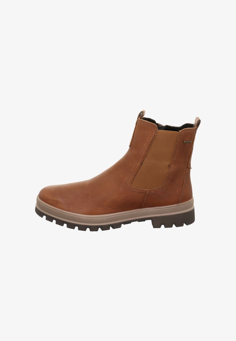 Bottine en cuir marron avec panneaux latéraux élastiques, surface texturée et semelle en caoutchouc robuste. Présente un profil bas et des coutures contrastées.