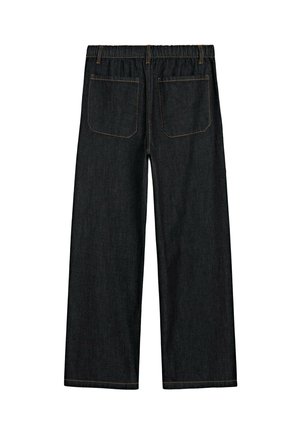 Dunkelblaue weit geschnittene Jeanshose mit elastischem Bund, ausgestattet mit zwei Gesäßtaschen und kontrastierenden gelben Nähten entlang der Nähte.