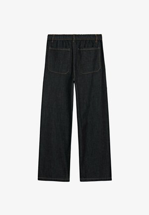 Donkerdenim wijde broek met een elastische tailleband, voorzien van twee achterzakken en contrasterende gele stiksels langs de naden.