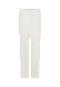 Witte, geribde, middelhoge broeken met een elastische tailleband; de cropped lengte en gladde textuur creëren een minimalistisch ontwerp.