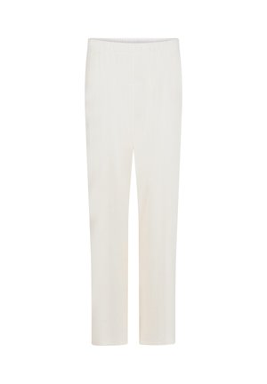 Witte, geribde, middelhoge broeken met een elastische tailleband; de cropped lengte en gladde textuur creëren een minimalistisch ontwerp.