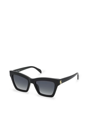 Lunettes de soleil noires à monture carrée avec verres gris dégradés et petit emblème doré de la marque sur les branches, inclinées pour montrer le devant et le côté.