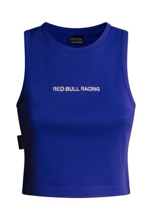 Top crop albastru ripetat fără mâneci, cu gât rotund și broderie „RED BULL RACING” albă în centru, în partea din față.