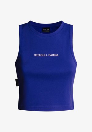 Blaues, geripptes, ärmelloses Crop-Top mit Rundhalsausschnitt und "RED BULL RACING" in Weiß vorne in der Mitte gestickt.