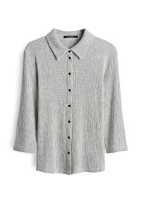 Camicia button-up in un tessuto leggero con motivo a reticolo, caratterizzata da un colletto classico, maniche a tre quarti e bottoni neri.
