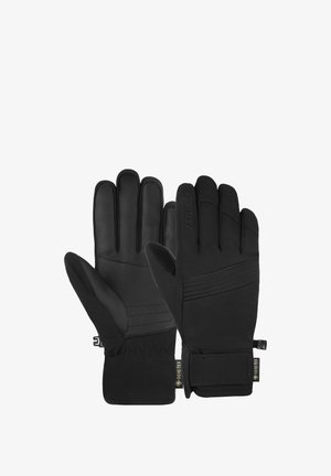 Schwarze Handschuhe aus wasserfestem Material, mit strukturiertem Griff, elastischem Band und verstellbaren Bündchen für einen sicheren Sitz.