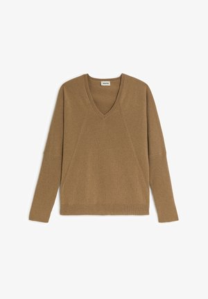 Brauner V-Ausschnitt-Pullover aus weichem Stoff mit gerippten Ärmeln und Saum. Verfügt über diagonale Nähte für zusätzliche Textur und eine lässige Silhouette.