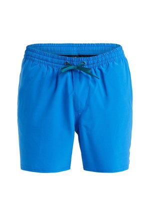 Blaue Badeshorts mit einem elastischen Bund, verstellbarem Kordelzug in Türkis und glatter Stofftextur. Keine Taschen oder Muster.