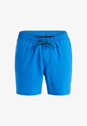 Blaue Badeshorts mit einem elastischen Bund, verstellbarem Kordelzug in Türkis und glatter Stofftextur. Keine Taschen oder Muster.