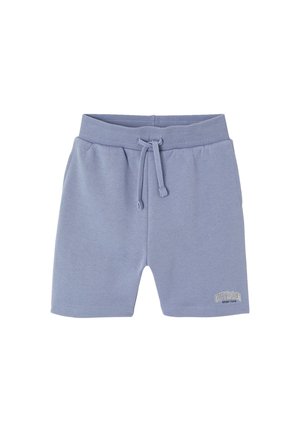 Hellblaue Shorts mit elastischem Bund, Kordelzug und dem Schriftzug "Outdoor Sport Team" am unteren linken Bein, aus weichem Stoff gefertigt.