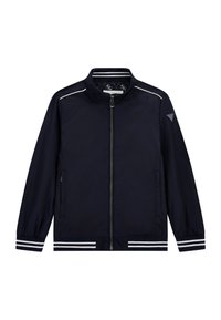 Marineblaue leichte Jacke mit Stehkragen, frontalem Reißverschluss, weißen Streifen an den Schultern und Ärmeln sowie zwei seitlichen Taschen. Glatte Stofftextur.