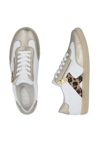 White sneakers with gold accents, leopard print design, flat sole, padded collar, and lace-up front, featuring a side zipper for accessibility.