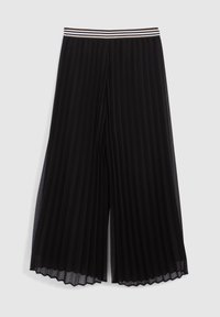 Zwarte geplooide culottes met een brede tailleband met drie horizontale strepen. De stof is lichtgewicht, heeft een gestructureerde afwerking en een uitlopende zoom.
