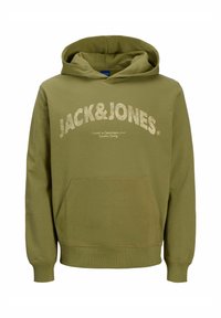 Oliwkowa bluza z kapturem wykonana z bawełny, z przednią kieszenią, ściągaczami przy mankietach i dolnym brzegu oraz wyraźnym kremowym nadrukiem "JACK&JONES" na przodzie.