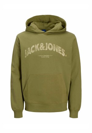 Olivgrüne Kapuzenjacke aus Baumwolle, mit einer Fronttasche, gerippten Bündchen und Saum, sowie einem auffälligen cremefarbenen "JACK&JONES"-Logo auf der Vorderseite.