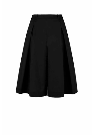 Culotte nere a gamba larga con pannelli laterali che si estendono dalla vita all'orlo, dotate di passanti per cintura e chiusura frontale con cerniera.