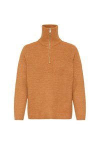 En kopparfärgad polotröja i ribbat stickat material. Har en halvdragkedja och långa ärmar, vilket ger en strukturerad finish.