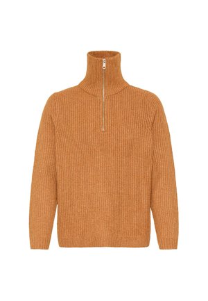 Koperkleurige coltrui gemaakt van ribbelgebreid materiaal. Voorzien van een half-ritssluiting en lange mouwen, wat zorgt voor een gestructureerde afwerking.