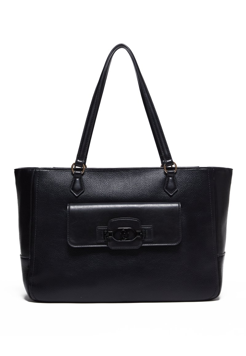 Borsa a tracolla nera in pelle con finitura testurizzata. Presenta una patta frontale con una chiusura metallica circolare e spallacci lunghi e piatti.
