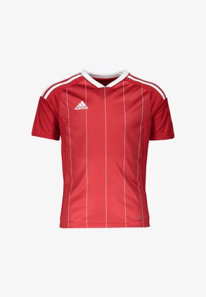 Rode sportieve jersey met witte strepen, V-hals ontwerp, gemaakt van ademende stof, met een Adidas-logo op de borst.