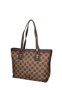 Sac fourre-tout marron en matériau synthétique, orné d'un motif à carreaux avec des accents floraux. Poignées doubles avec quincaillerie dorée.