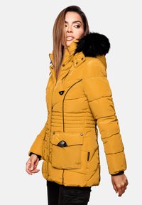 Yellow puffer jacket with a faux fur hood. Features quilted design, black accents, and a front pocket with a snap closure.