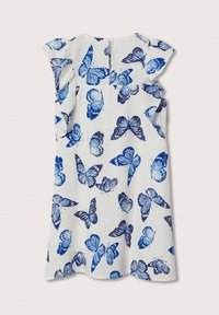 Weißes Kleid mit blauen Schmetterlingsmotiven, ausgestattet mit Rüschensleeves und einem Rückenverschluss. Das weiche Material und das fließende Design sorgen für Komfort.