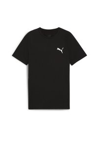 Melns īsām piedurknēm T-krekls, kas izgatavots no kokvilnas, ar apaļu dekoltē un baltu Puma logo kreisajā krūtīs. Gluda auduma tekstūra.