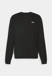 Pull noir à manches longues avec col ras du cou, petit logo blanc "BOSS" sur le côté gauche de la poitrine, design uni, poignets et ourlet côtelés.