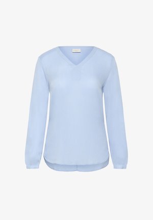 Svijetloplava bluza dugih rukava s V-izrezom i opuštenim krojem. Ima diskretnu rebrastu teksturu i zaobljeni rub. Bez vidljivih metalnih detalja.