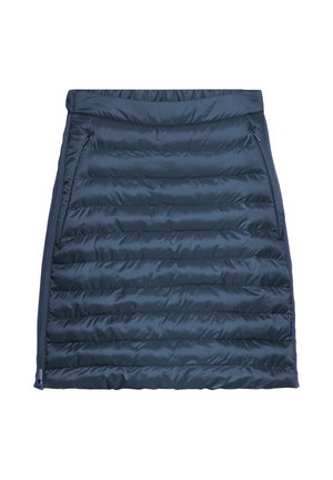 Jupe isotherme bleu marine avec un design matelassé. Dispose d'une large ceinture et de poches zippées sur les côtés. Texture lisse et brillante.