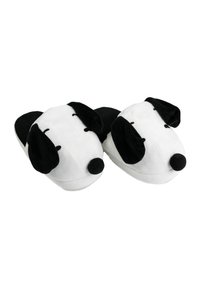White and black dog-shaped slippers featuring plush fabric, rounded toe design, soft texture, and black nose and ear accents.