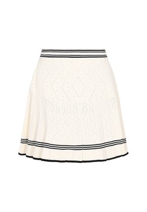 Jupe plissée blanche avec un motif texturé et une taille et un ourlet à rayures noires. Le tissu présente des perforations et un design évasé.