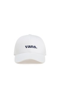 White baseball cap made of cotton with a curved brim and embroidered navy "vans." logo on the front. Simple, minimalist design.