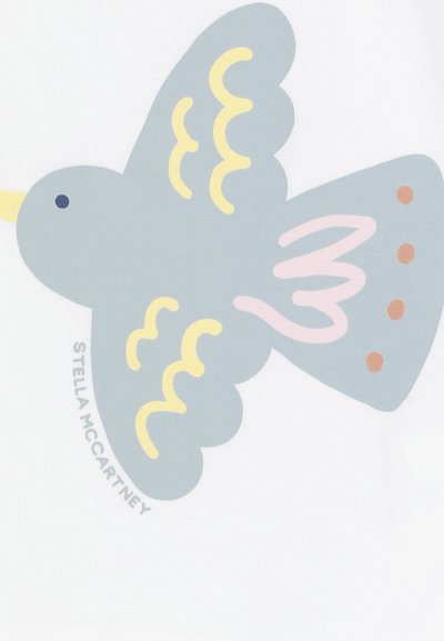 Grafica di un uccello grigio con accenti gialli, rosa e blu su uno sfondo bianco. Presenta un motivo ondulato sulle ali e un piccolo punto arancione.