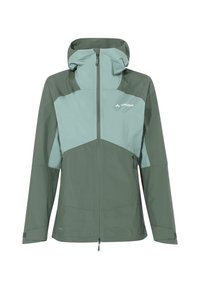 Giacca impermeabile verde e azzurro chiaro con chiusura a zip, cappuccio regolabile e polsini elastici; presenta un design a blocchi di colore geometrico.