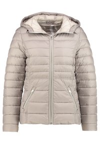 Lys beige quiltet pufferjakke med lynlås fortil, lynlåslomme i siden, lange ærmer og en fast hætte med polstret krave.