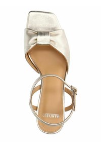 Gold metallic open-toe sandal with a square toe, bow detail on the vamp, and a thin ankle strap. Smooth texture with a flat sole.