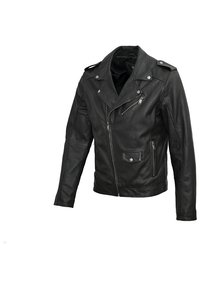 Giubbotto da biker in pelle nera con colletto a punte, zip frontale asimmetrica e tasche con zip; presenta dettagli in metallo argentato.