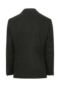 Donkergrijze visgraatblazer met een enkele rugventilatie, opstaande revers en drie bruine knopenaccenten op elke mouw.