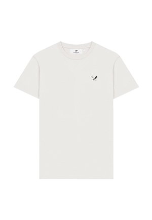 Plain white short-sleeve T-shirt with a small black crossed knife and cleaver logo on the left chest, round neckline.