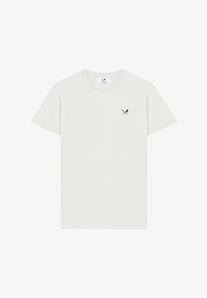 Plain white short-sleeve T-shirt with a small black crossed knife and cleaver logo on the left chest, round neckline.