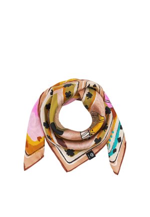 Square silk scarf with colorful abstract patterns including leaves, flowers, and shapes in brown, pink, yellow, black, and turquoise tones.