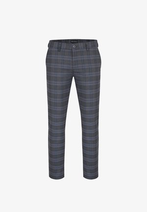 Szare spodnie w kratkę o gładkiej teksturze, z cienkimi niebieskimi liniami, z zapięciem na guzik i szlufkami na pasek. Dopasowany krój z prostymi nogawkami.