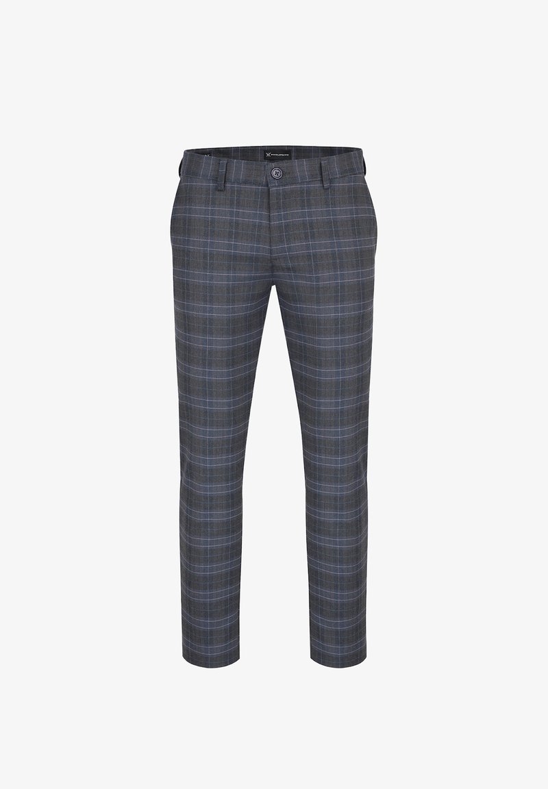Szare spodnie w kratkę o gładkiej teksturze, z cienkimi niebieskimi liniami, z zapięciem na guzik i szlufkami na pasek. Dopasowany krój z prostymi nogawkami.