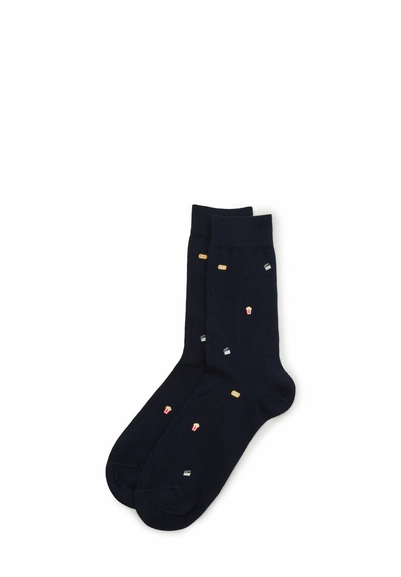 Calcetines de algodón azul marino con pequeños patrones coloridos de temática alimentaria, incluyendo palomitas de maíz y pan, con una textura suave y de longitud estándar.