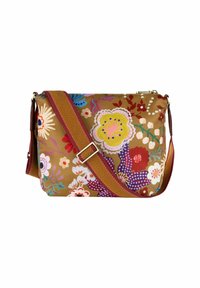 Borsa in tessuto marrone con motivo floreale, dotata di una tracolla multicolore con design a spina di pesce e chiusura con zip nella parte superiore.