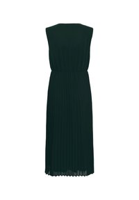 Robe midi noire sans manches avec jupe plissée et taille cintrée, vue de dos sur un fond blanc.